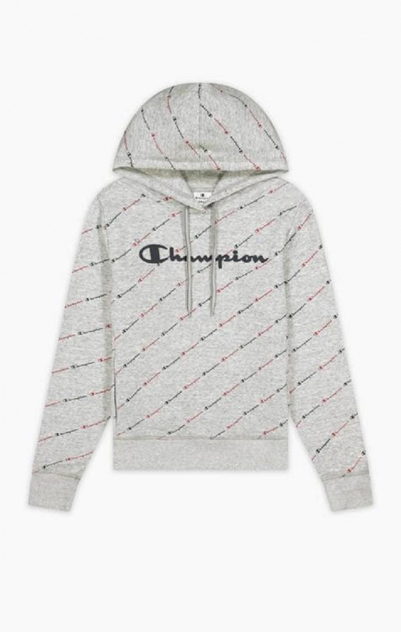 Champion All-Over Script Logo Hoodie Hættetrøje Dame Lysegrå | 5034-JRHYS