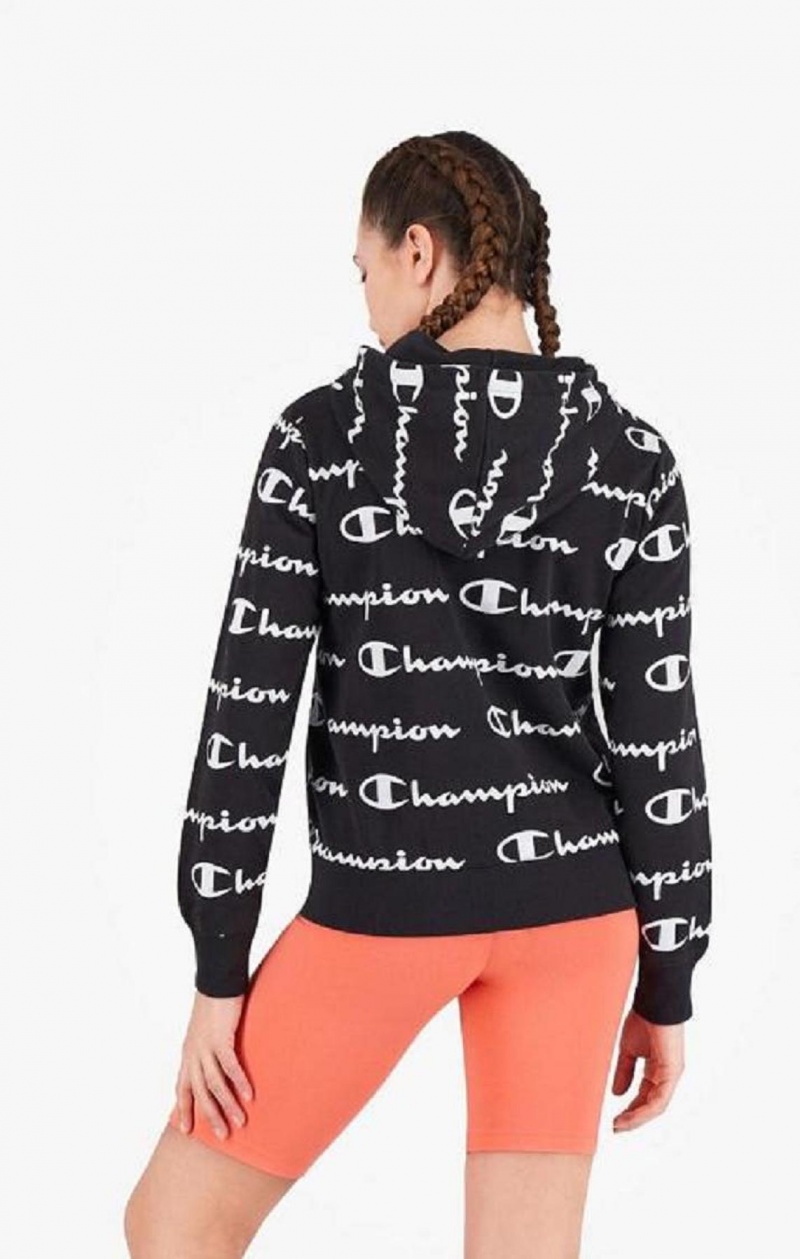 Champion All-Over Script Logo Hoodie Hættetrøje Dame Sort | 3194-ZFHJE