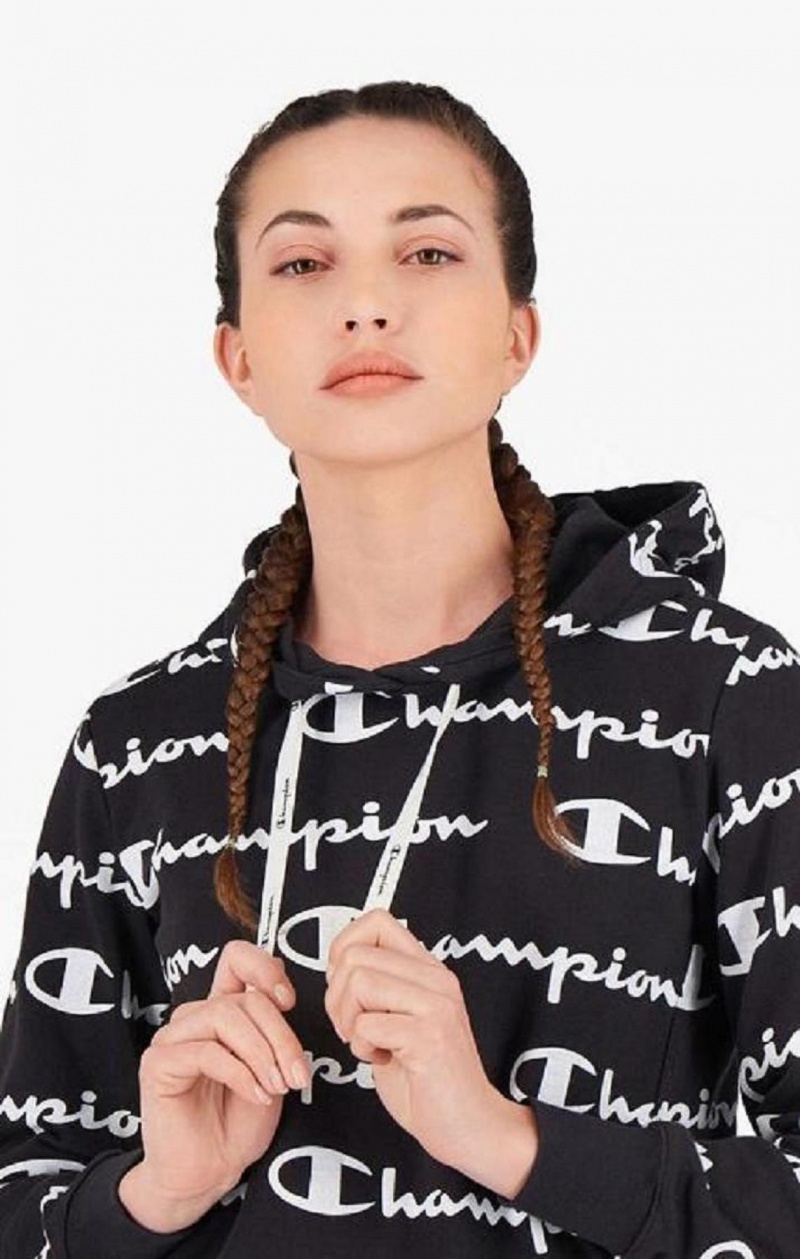 Champion All-Over Script Logo Hoodie Hættetrøje Dame Sort | 3194-ZFHJE