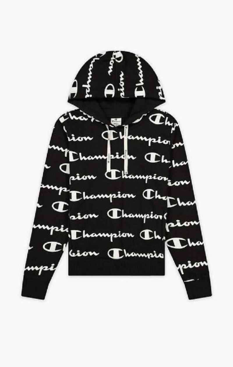 Champion All-Over Script Logo Hoodie Hættetrøje Dame Sort | 3194-ZFHJE