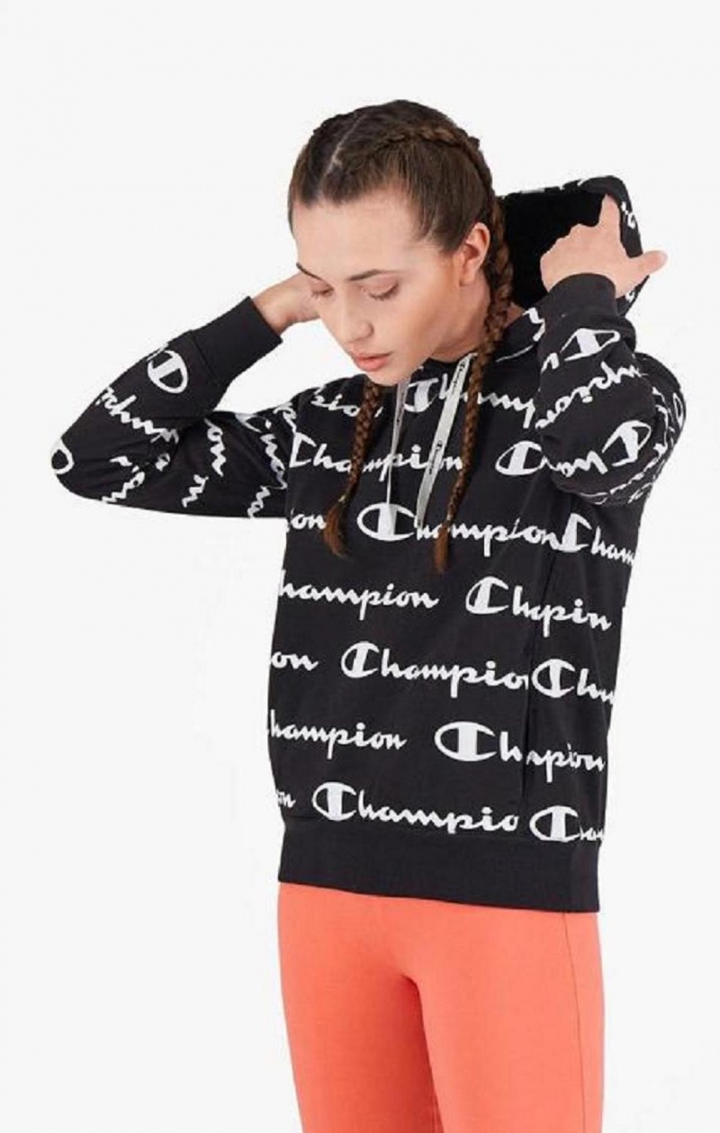 Champion All-Over Script Logo Hoodie Hættetrøje Dame Sort | 3194-ZFHJE