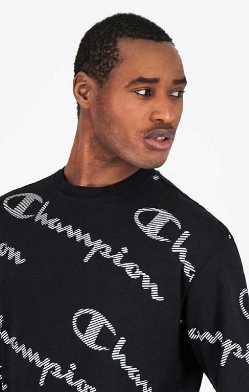 Champion All-Over Stribet Effect Script Logo Print Sweatshirt Sweatshirts Herre Sort | 2437-ZJQBN