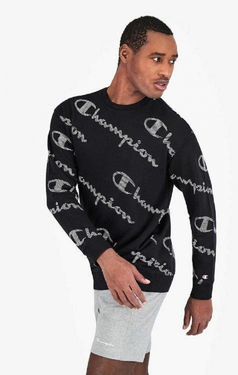 Champion All-Over Stribet Effect Script Logo Print Sweatshirt Sweatshirts Herre Sort | 2437-ZJQBN