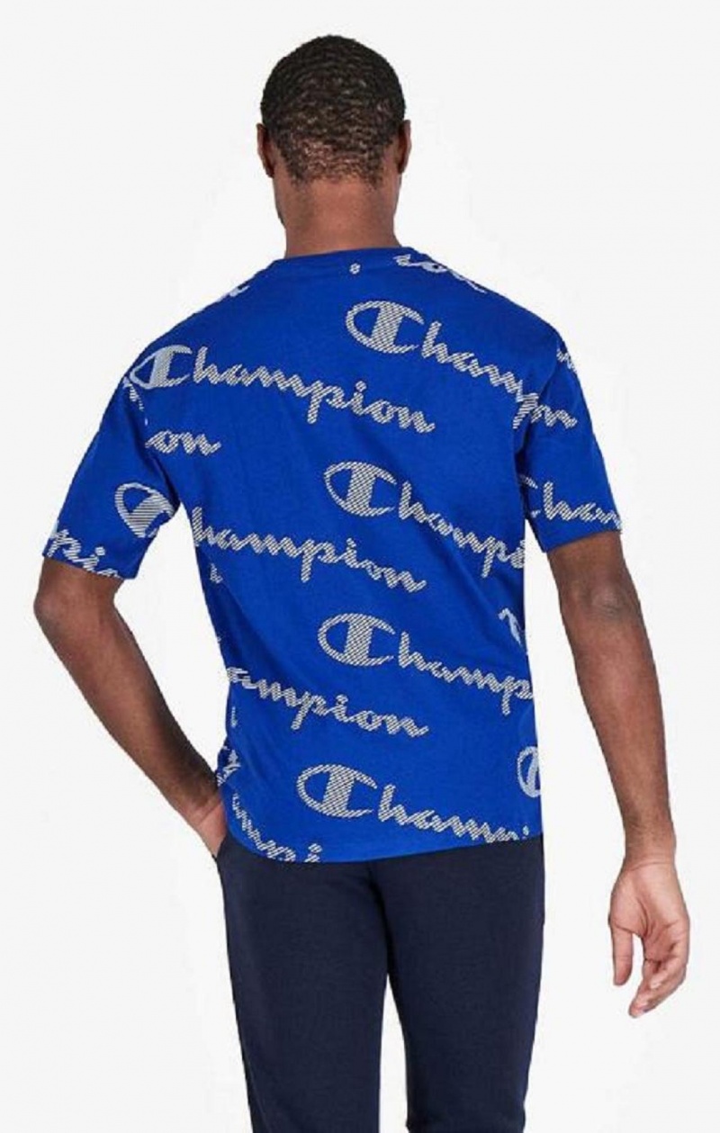 Champion All-Over Stribet Effect Script Logo T-Shirt T Shirts Herre Blå | 0825-EJMHB