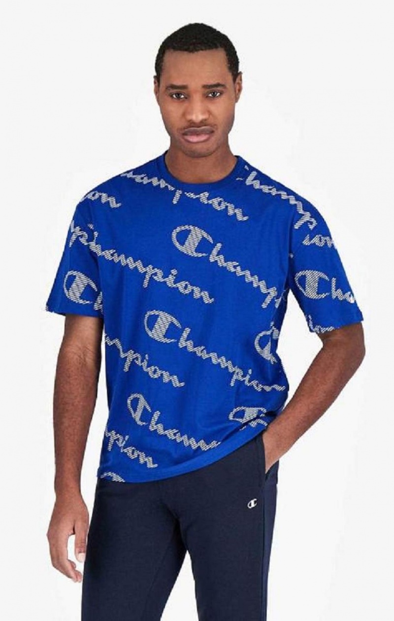 Champion All-Over Stribet Effect Script Logo T-Shirt T Shirts Herre Blå | 0825-EJMHB