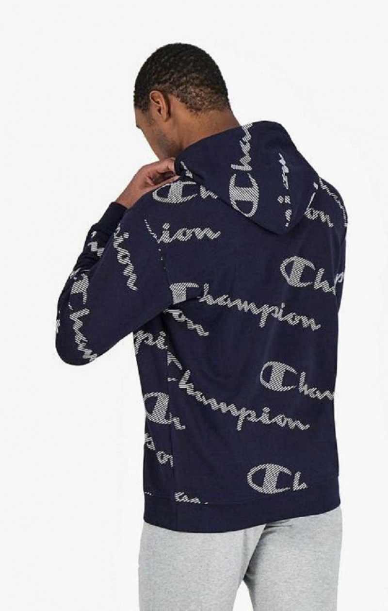 Champion All-Over Stribet Effect Script Logo Print Hoodie Hættetrøje Herre Mørkeblå | 8216-VCXWD