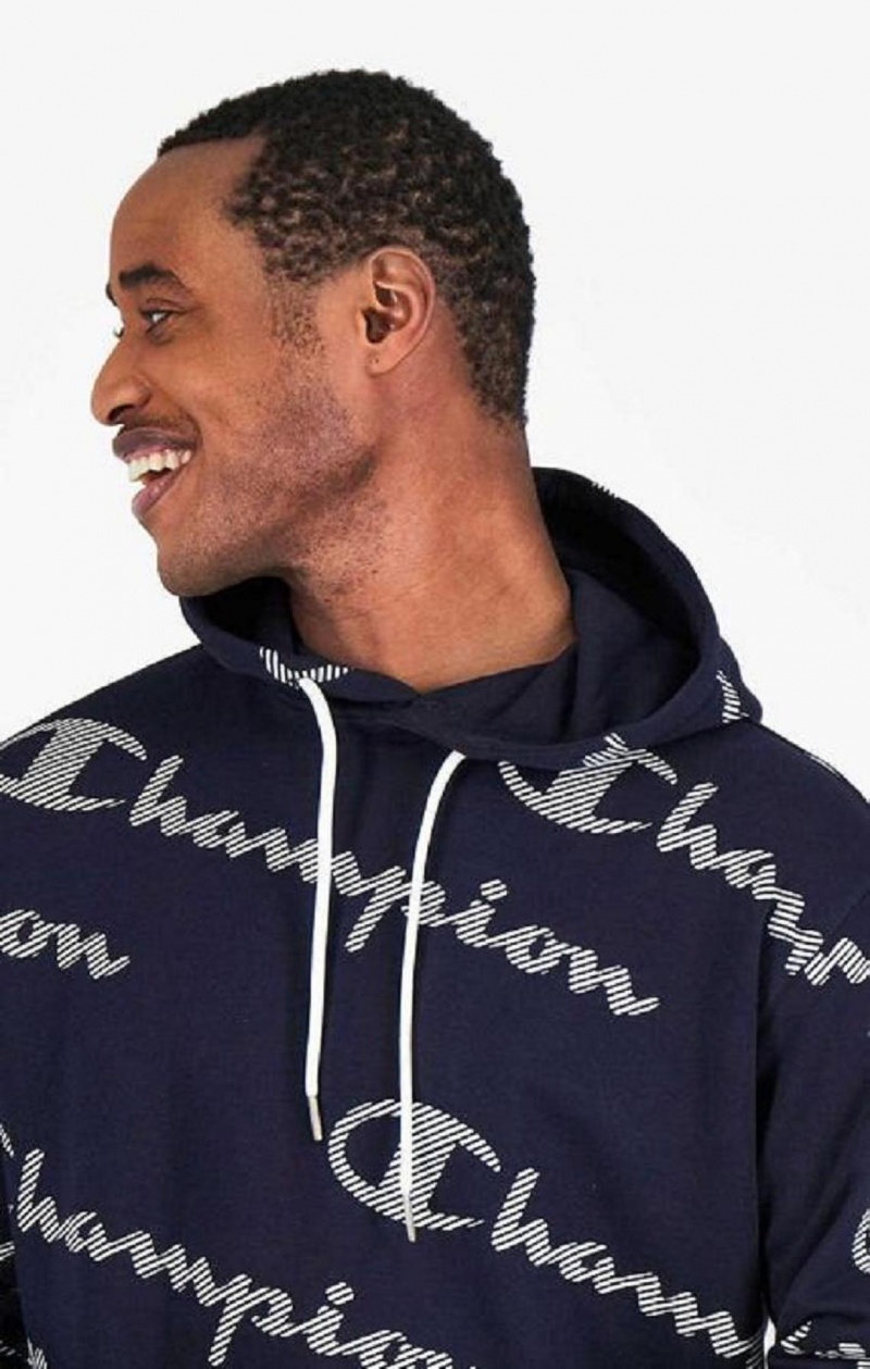 Champion All-Over Stribet Effect Script Logo Print Hoodie Hættetrøje Herre Mørkeblå | 8216-VCXWD