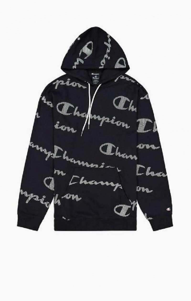 Champion All-Over Stribet Effect Script Logo Print Hoodie Hættetrøje Herre Mørkeblå | 8216-VCXWD