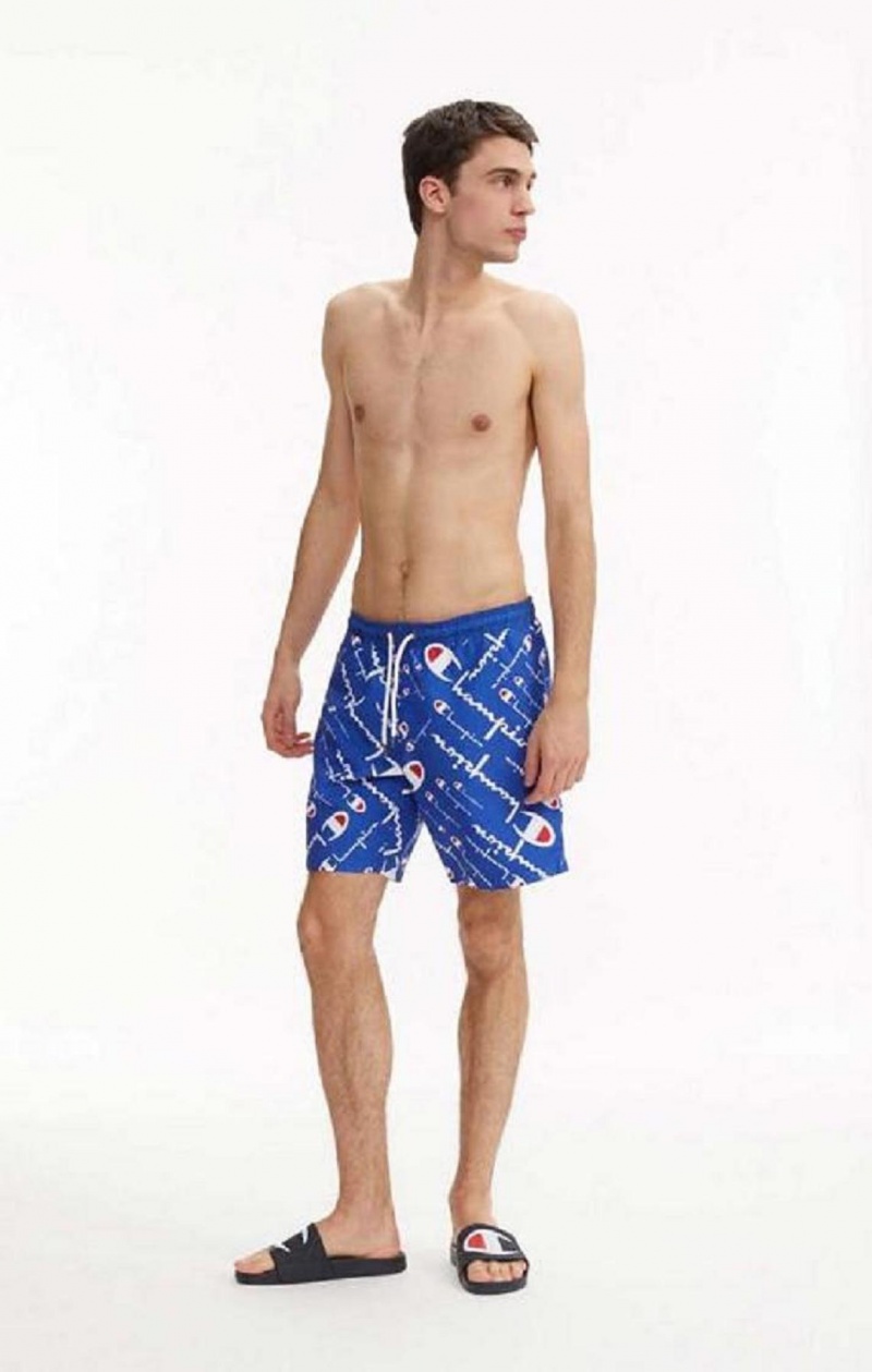 Champion All-over Script Logo Print Board Shorts Badetøj Herre Blå | 6527-IWXTH