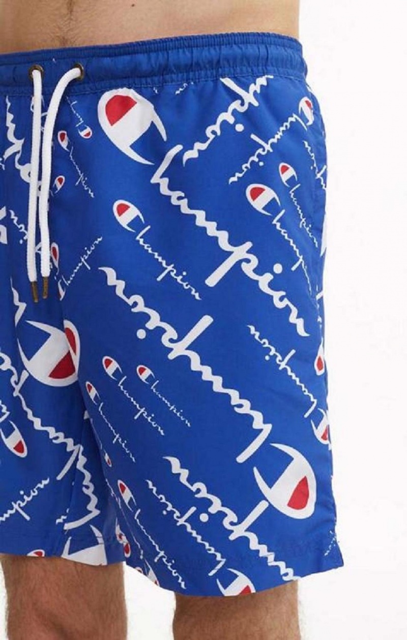 Champion All-over Script Logo Print Board Shorts Badetøj Herre Blå | 6527-IWXTH