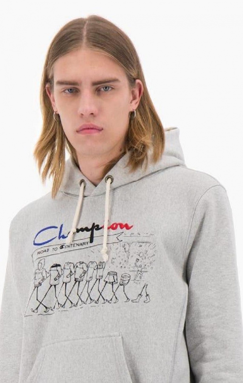 Champion Archive Centenary Print Reverse Weave Hoodie Hættetrøje Herre Lysegrå | 7830-GRKTW