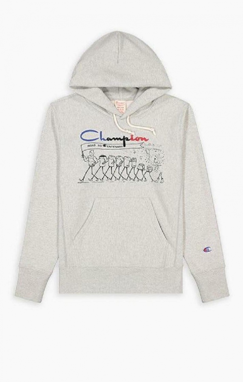 Champion Archive Centenary Print Reverse Weave Hoodie Hættetrøje Herre Lysegrå | 7830-GRKTW