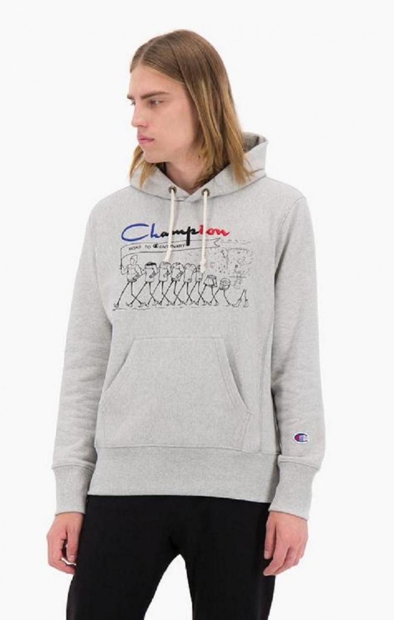 Champion Archive Centenary Print Reverse Weave Hoodie Hættetrøje Herre Lysegrå | 7830-GRKTW