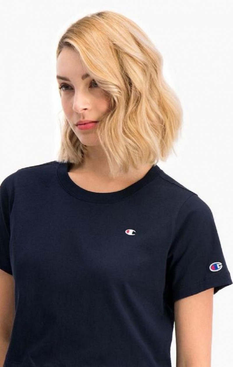 Champion C Logo Crew Neck Cropped T-Shirt T Shirts Dame Mørkeblå | 9741-KFDTW