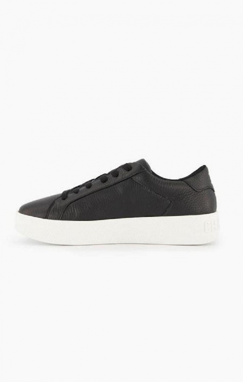 Champion C Logo Textured Læder Platform Trainers Sportssko Dame Sort | 8725-HTGRF