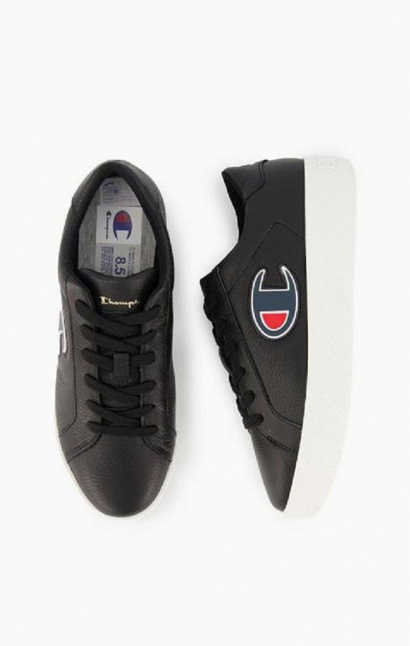 Champion C Logo Textured Læder Platform Trainers Sportssko Dame Sort | 8725-HTGRF