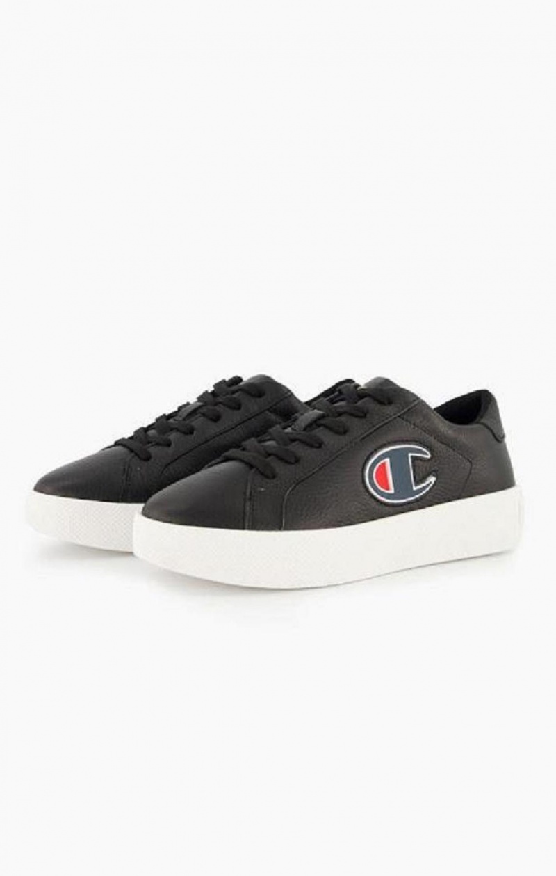 Champion C Logo Textured Læder Platform Trainers Sportssko Dame Sort | 8725-HTGRF