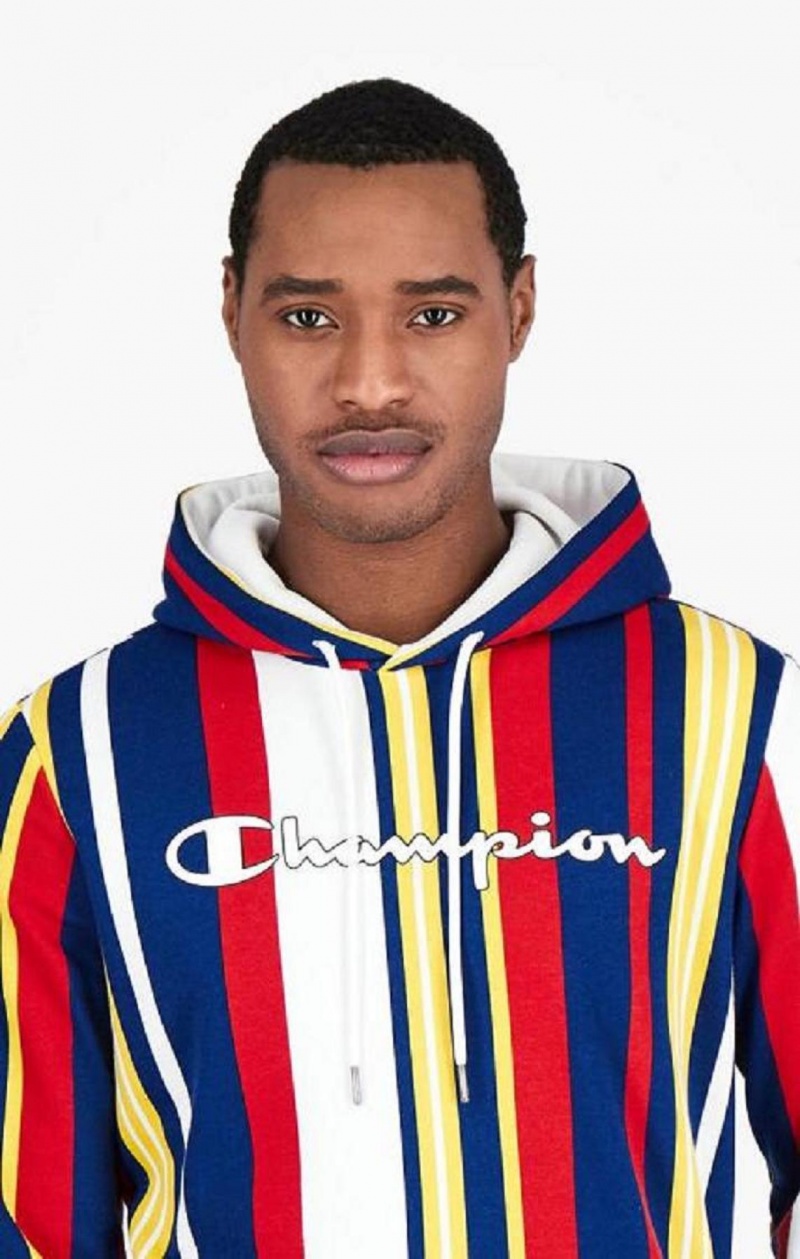 Champion Candy Stripe Script Logo Hoodie Hættetrøje Herre Hvide Rød Blå | 9754-XJFGV