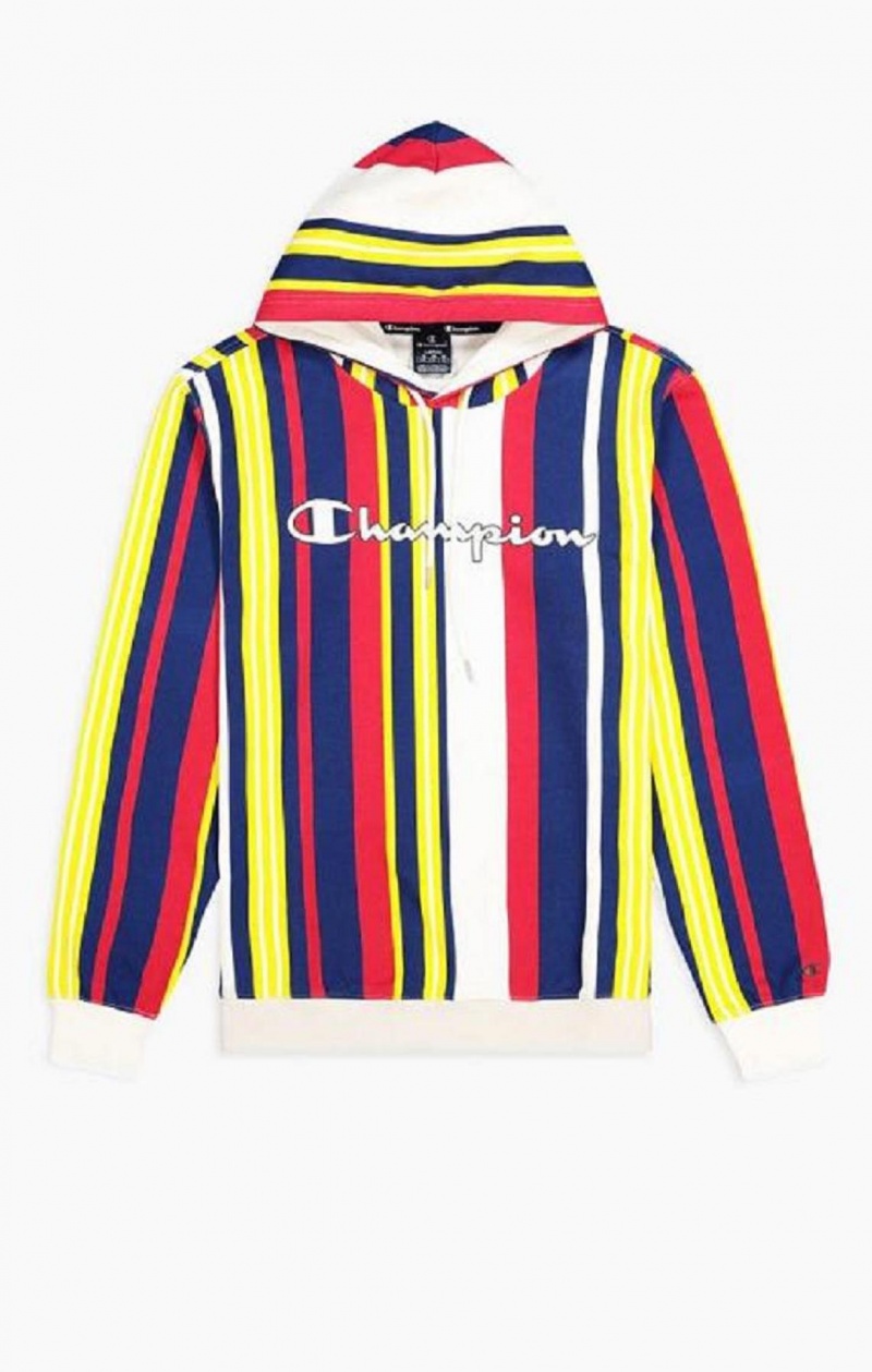 Champion Candy Stripe Script Logo Hoodie Hættetrøje Herre Hvide Rød Blå | 9754-XJFGV