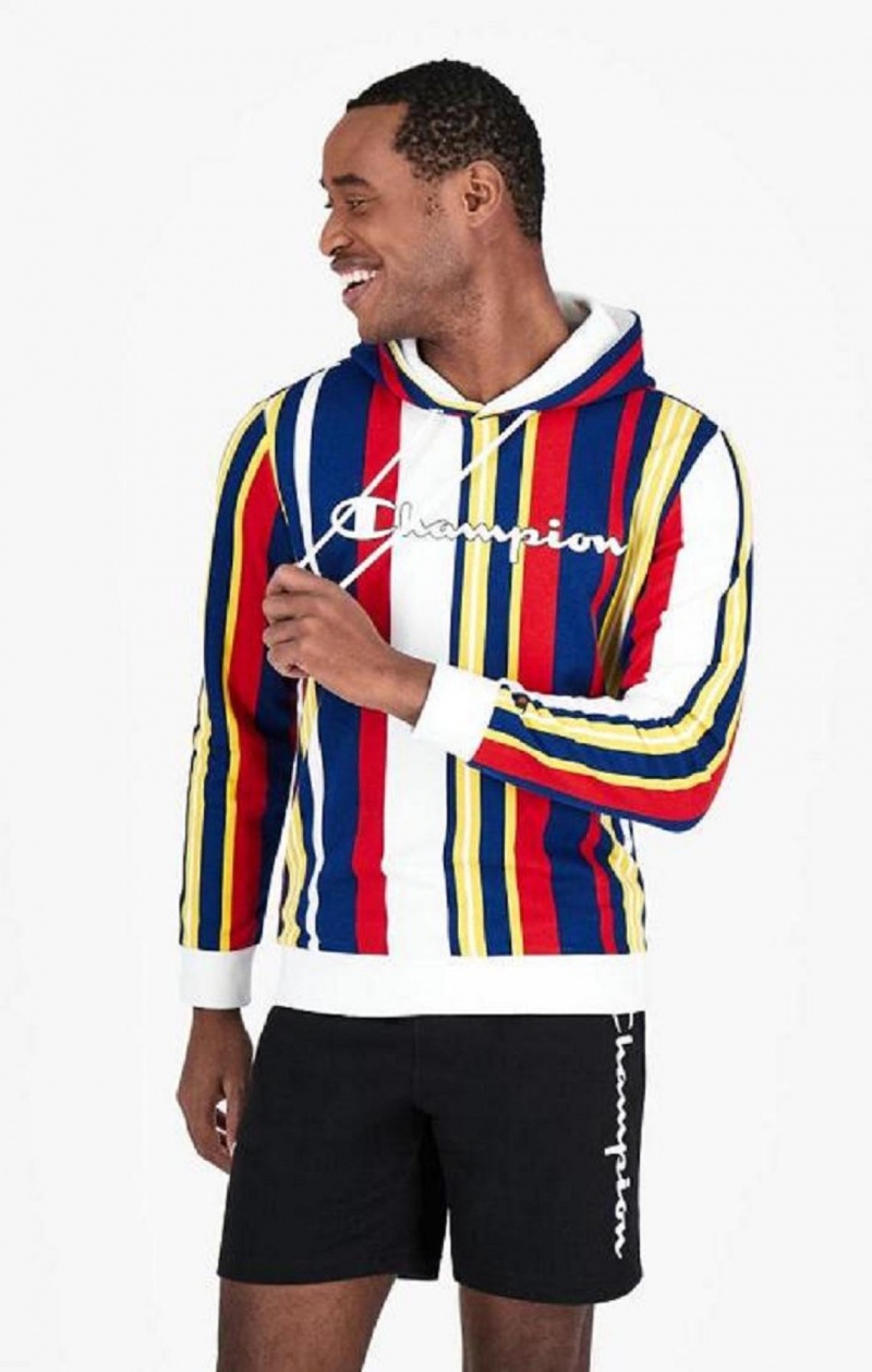 Champion Candy Stripe Script Logo Hoodie Hættetrøje Herre Hvide Rød Blå | 9754-XJFGV