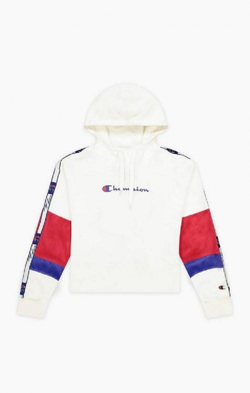 Champion Colour Block Jacquard Logo Tape Fleece Hoodie Hættetrøje Dame Hvide | 6139-XHTDJ