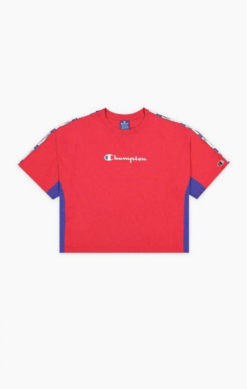 Champion Colour Block Jacquard Logo Tape T-Shirt T Shirts Dame Rød | 6847-NQZDY