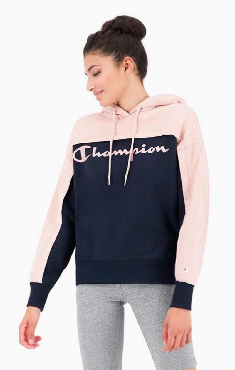 Champion Colour Block Logo Layer Fleece Hoodie Hættetrøje Dame Sort | 0389-POTYI