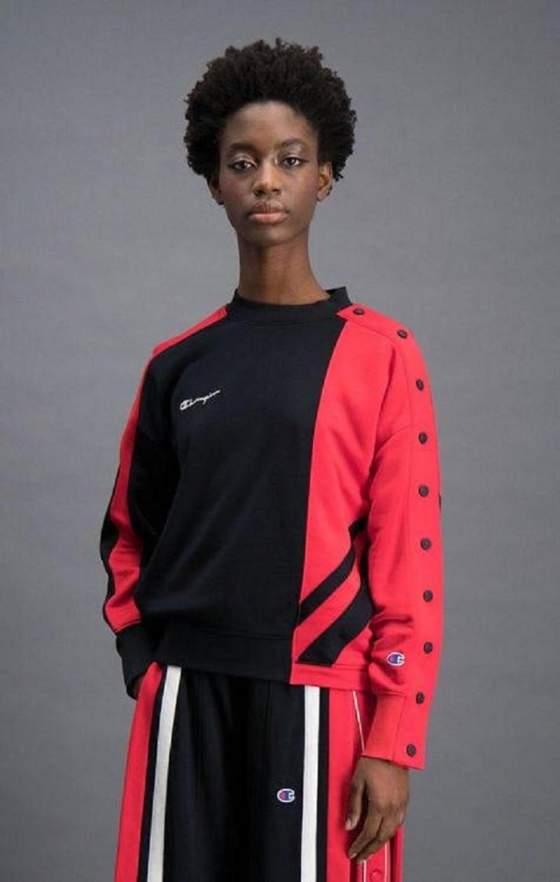 Champion Colour Block Popper Cropped Sweatshirt Sweatshirts Dame Sort Rød | 3815-WRLIV