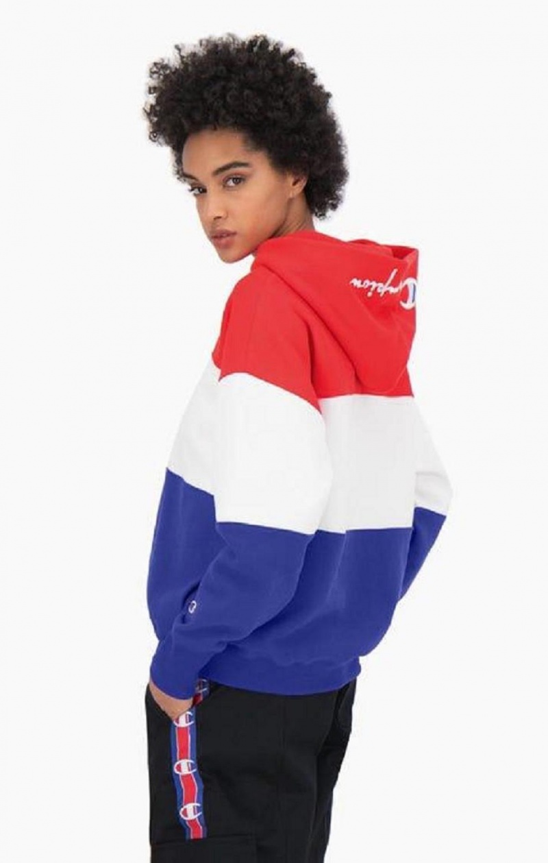 Champion Colour Block Reverse Weave Logo Hoodie Hættetrøje Dame Rød | 3470-GHQBP