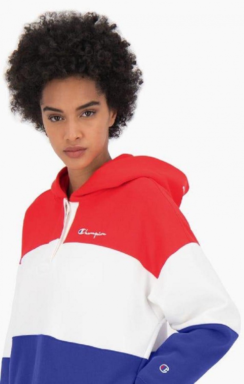 Champion Colour Block Reverse Weave Logo Hoodie Hættetrøje Dame Rød | 3470-GHQBP