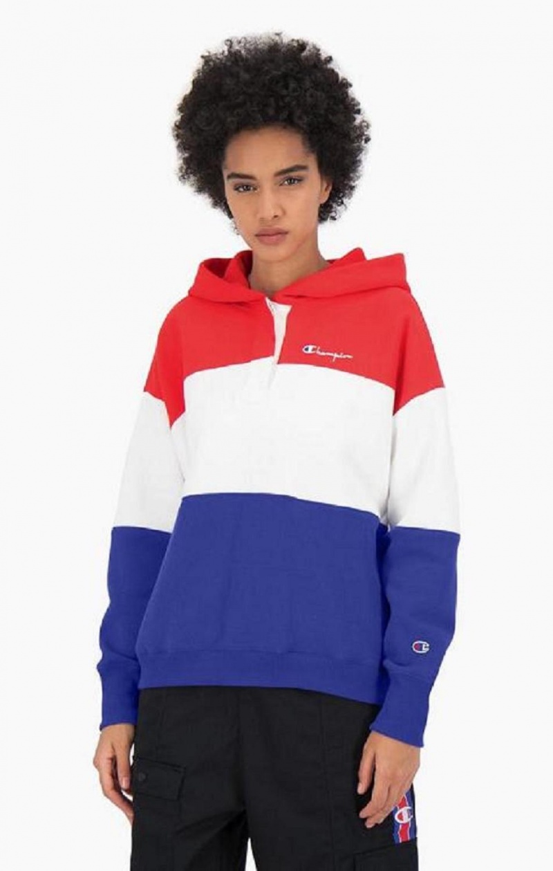 Champion Colour Block Reverse Weave Logo Hoodie Hættetrøje Dame Rød | 3470-GHQBP