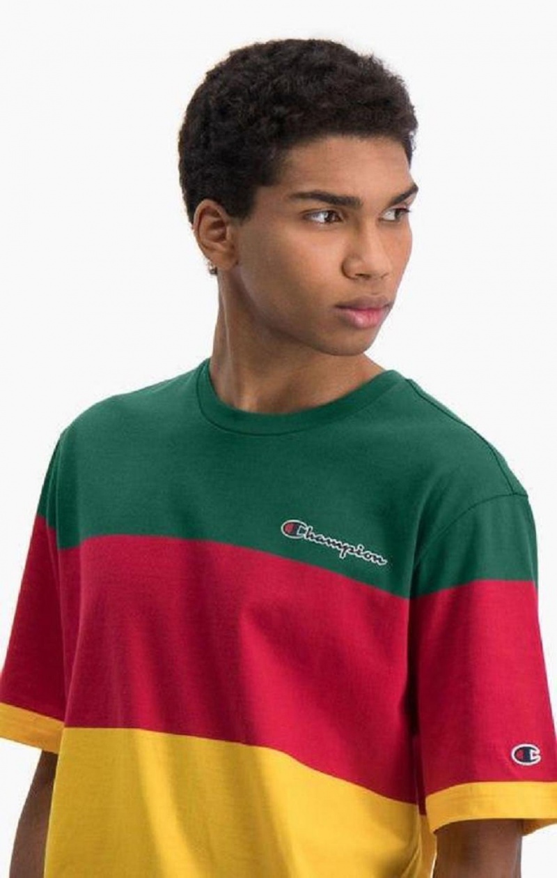 Champion Colour Block Stripe T-Shirt T Shirts Herre Grøn Rød Gul | 0562-KFQYO