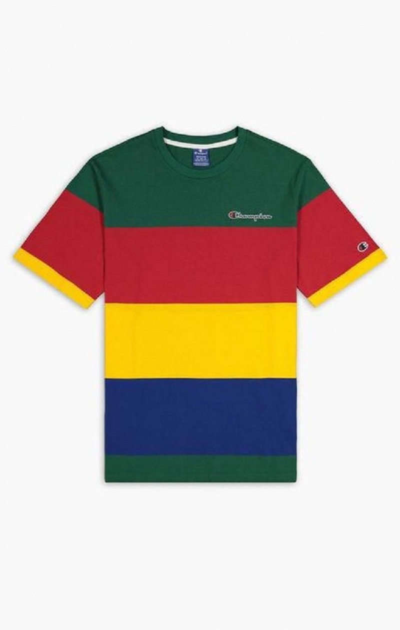 Champion Colour Block Stripe T-Shirt T Shirts Herre Grøn Rød Gul | 0562-KFQYO