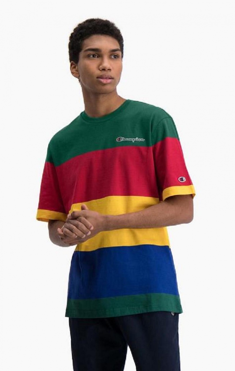 Champion Colour Block Stripe T-Shirt T Shirts Herre Grøn Rød Gul | 0562-KFQYO