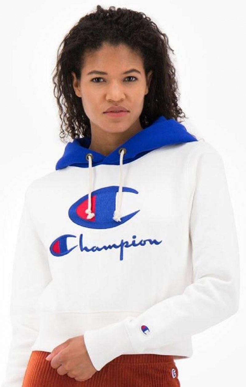 Champion Contrast Hood Logo Detail Jersey Hoodie Hættetrøje Dame Hvide | 2580-BRKSG