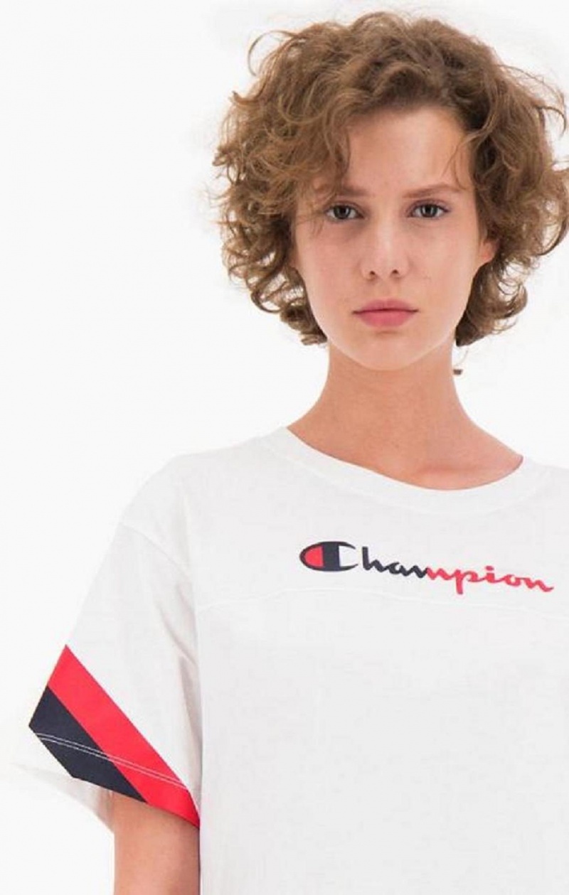 Champion Contrast Logo Stripe Jersey Top T Shirts Dame Hvide | 6271-MYKXL