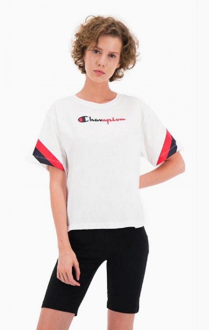 Champion Contrast Logo Stripe Jersey Top T Shirts Dame Hvide | 6271-MYKXL