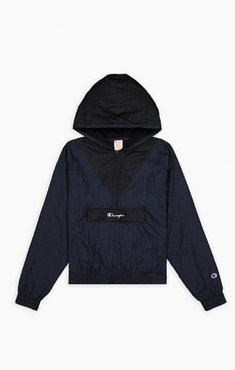 Champion Contrast Panel Half Zip-Up Hoodie Hættetrøje Dame Mørkeblå | 0452-AIRZY