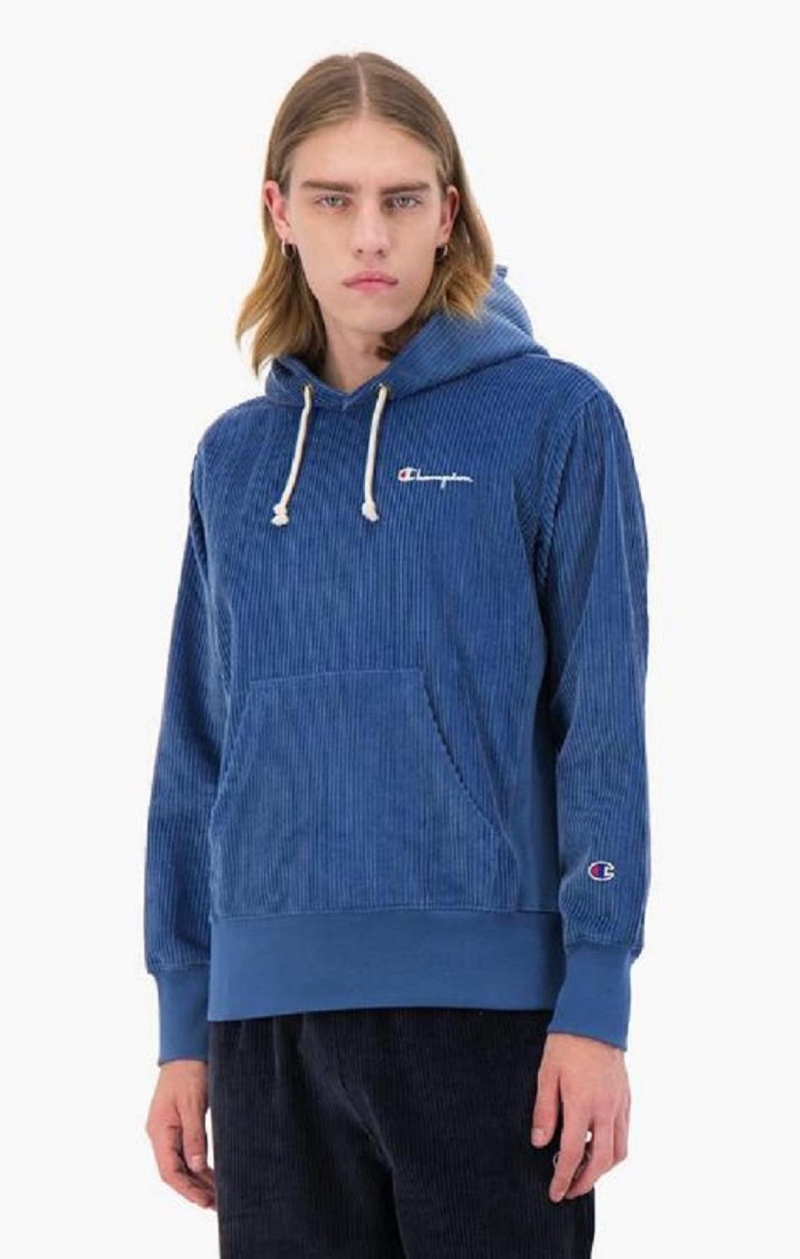 Champion Corduroy Small Script Logo Hoodie Hættetrøje Herre Turkis Blå | 2608-FBPCU