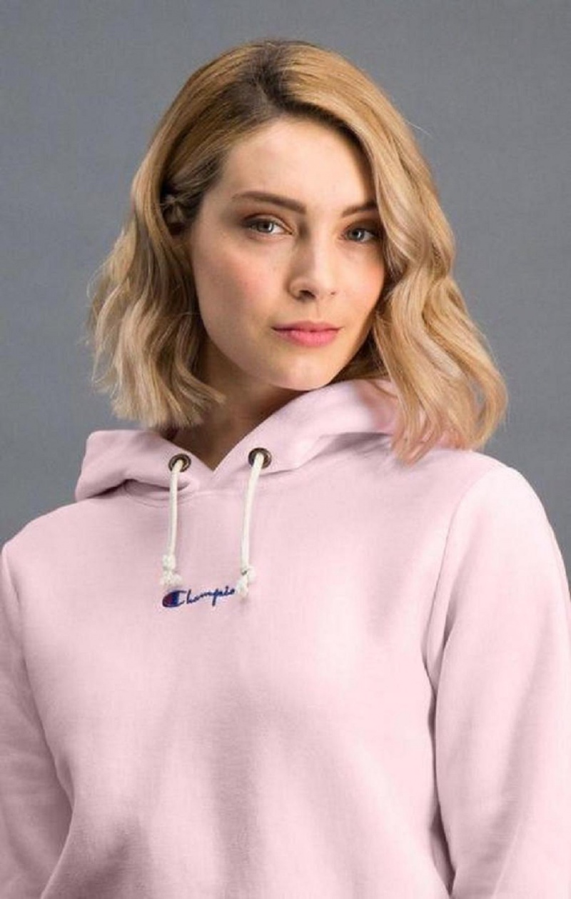 Champion Cropped Reverse Weave Script Logo Hoodie Hættetrøje Dame Lyserød | 7084-HDSAV