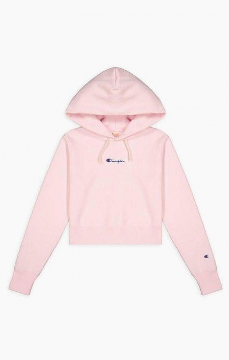 Champion Cropped Reverse Weave Script Logo Hoodie Hættetrøje Dame Lyserød | 7084-HDSAV