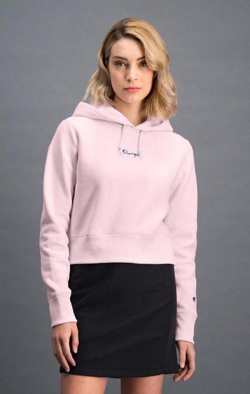 Champion Cropped Reverse Weave Script Logo Hoodie Hættetrøje Dame Lyserød | 7084-HDSAV