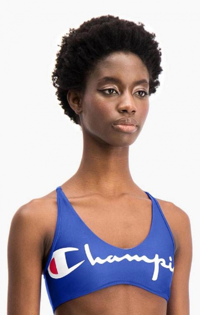 Champion Cross Back V Neck Script Logo Bikini Top Badetøj Dame Blå | 9461-GZFVW