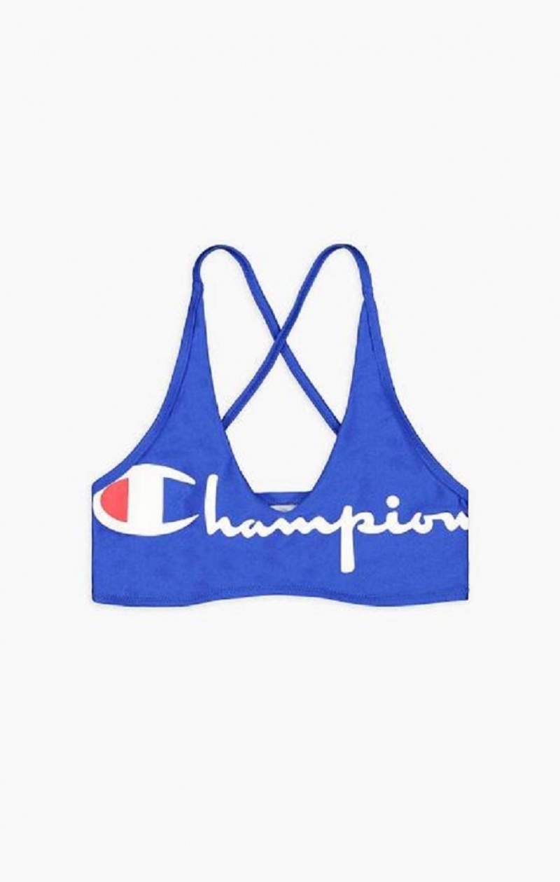 Champion Cross Back V Neck Script Logo Bikini Top Badetøj Dame Blå | 9461-GZFVW