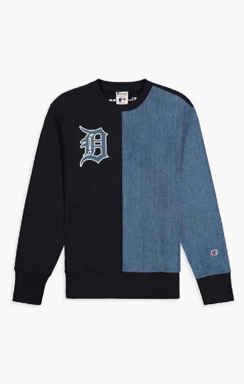 Champion Detroit MLB Denim + Reverse Weave Sweatshirt Sweatshirts Herre Mørkeblå | 8590-CHFSB