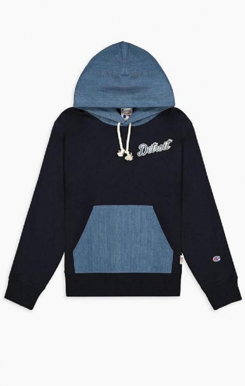 Champion Detroit MLB Denim + Reverse Weave Hoodie Hættetrøje Herre Mørkeblå | 4106-MPLHA