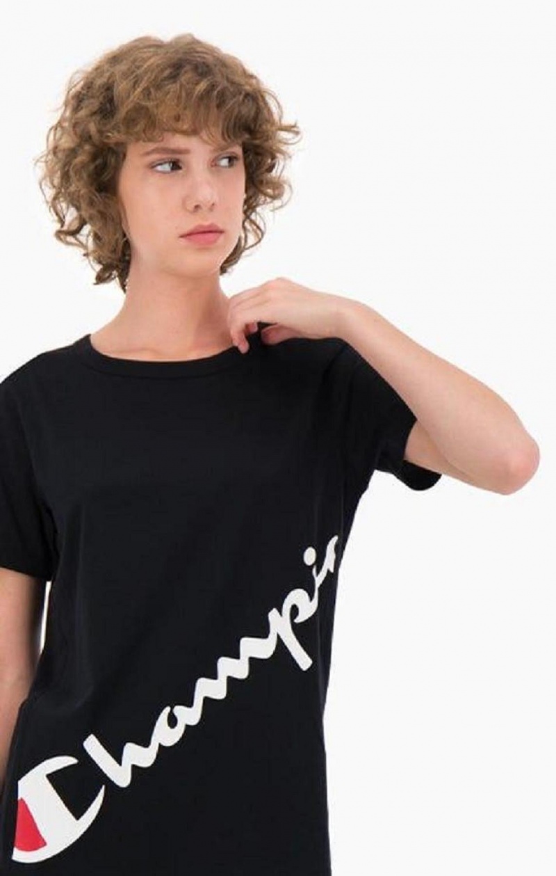 Champion Diagonal Script Logo Print T-Shirt T Shirts Dame Sort | 9572-VDRFO