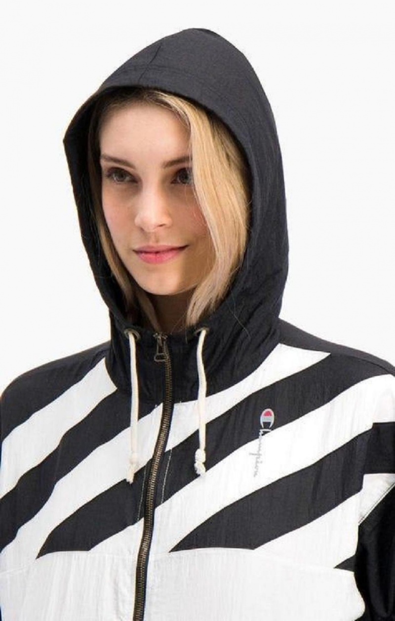 Champion Diagonal Stripe Hætte Rain Jacket Jakker Dame Sort Hvide | 0367-ODBHT