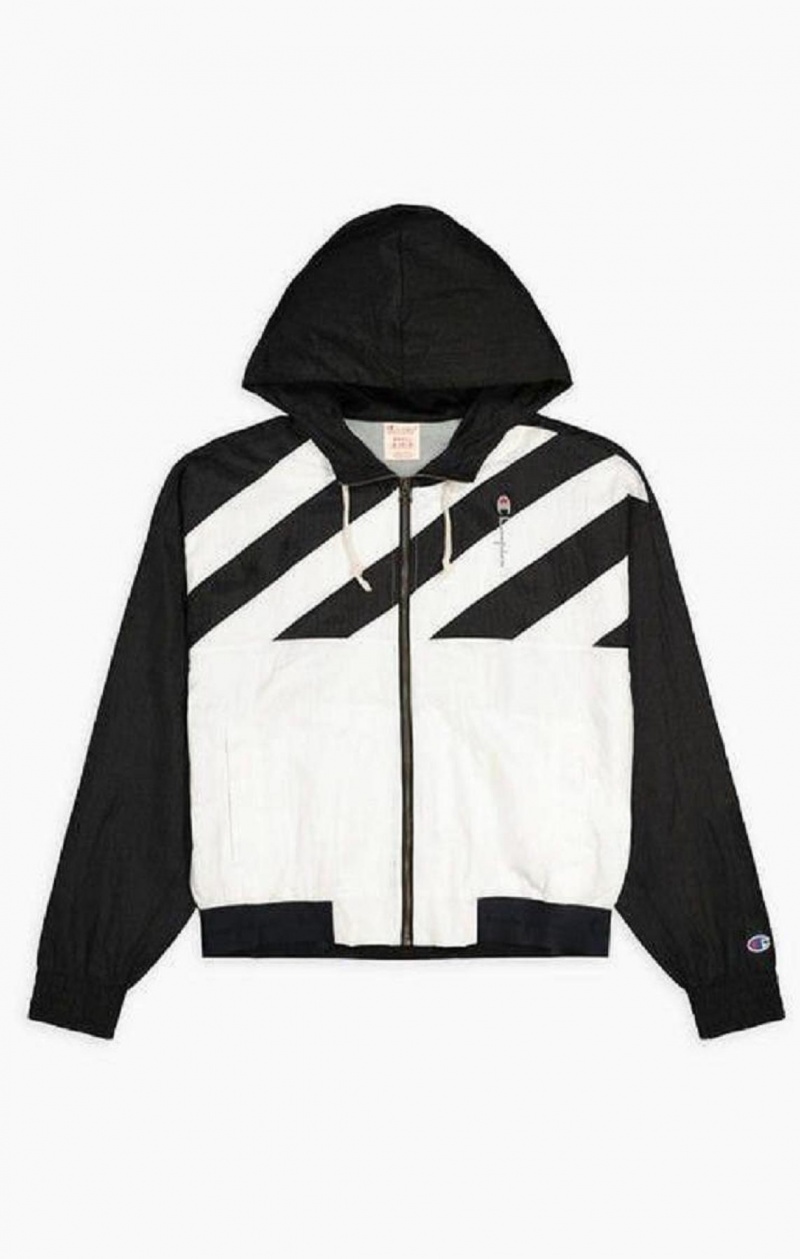 Champion Diagonal Stripe Hætte Rain Jacket Jakker Dame Sort Hvide | 0367-ODBHT