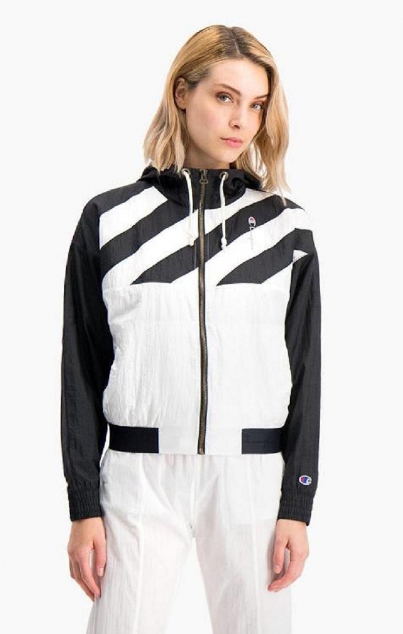 Champion Diagonal Stripe Hætte Rain Jacket Jakker Dame Sort Hvide | 0367-ODBHT